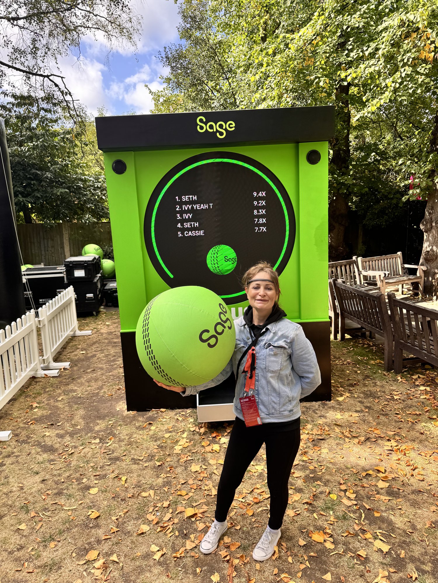 Host holding the giant Sage cricket ball at The Hundred, Lords